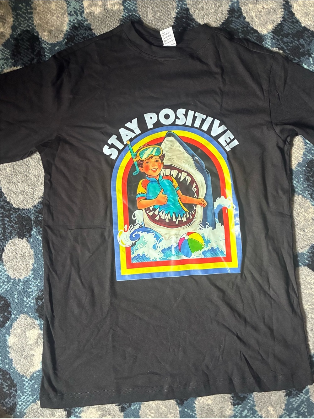 Stay Positive! Graphic Tee with Shark and Rainbow, small